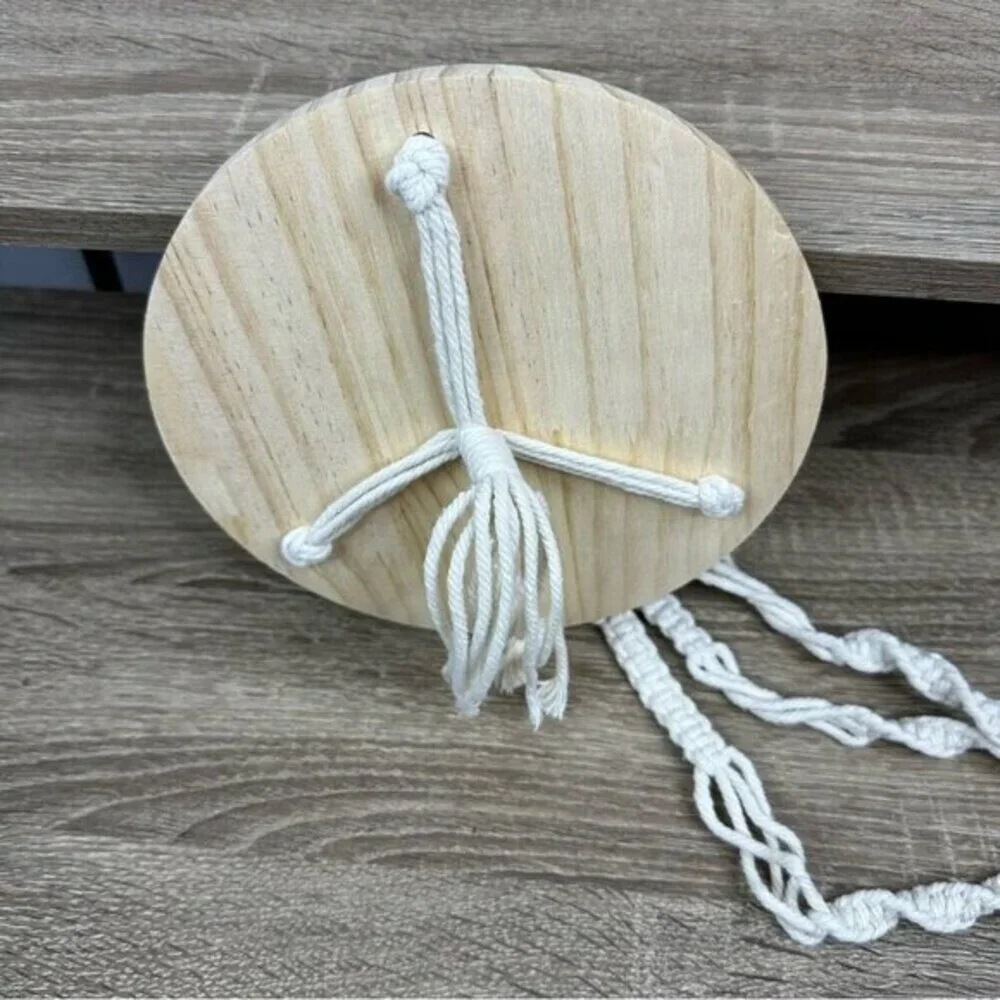 Macrame‎ Hanging Plant Shelf Boho Wood Floating Round Swing Cream 22 Inch NEW